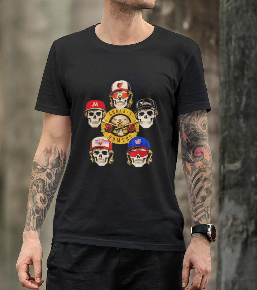 Gunns N Homers Baseball Skull Mashup With Five Caps T-Shirt