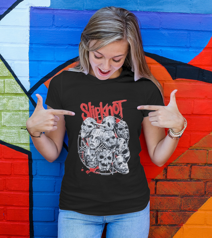 Slipknot Mask Collection With Band Name In Red T-Shirt