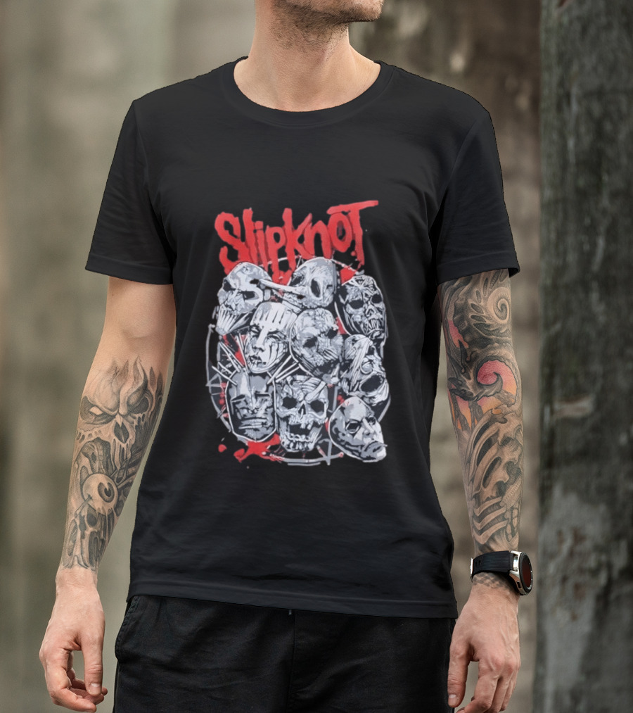 Slipknot Mask Collection With Band Name In Red T-Shirt