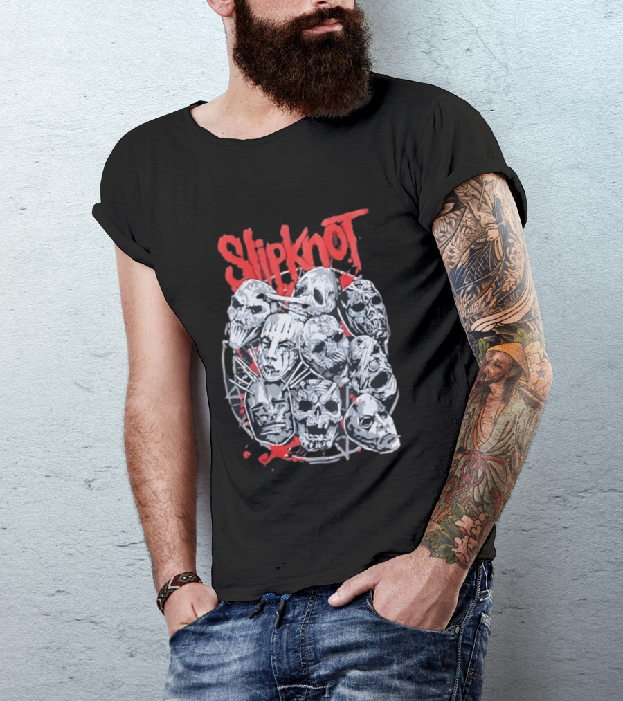 Slipknot Mask Collection With Band Name In Red T-Shirt