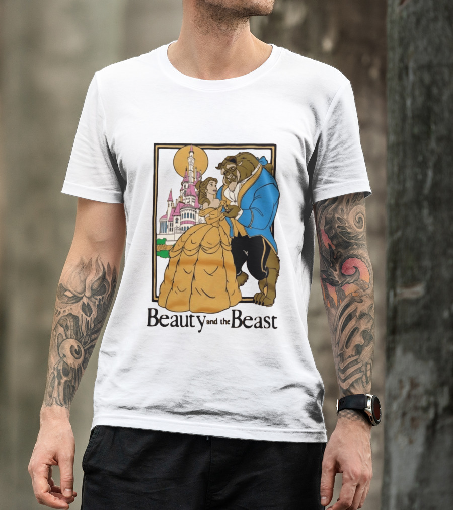 Beauty And The Beast Belle And Beast Dancing In Front Of Castle T-Shirt
