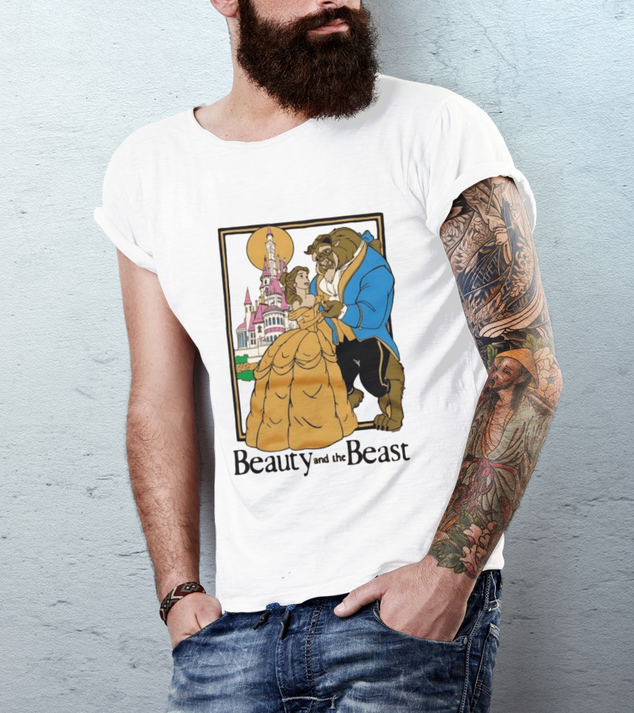 Beauty And The Beast Belle And Beast Dancing In Front Of Castle T-Shirt