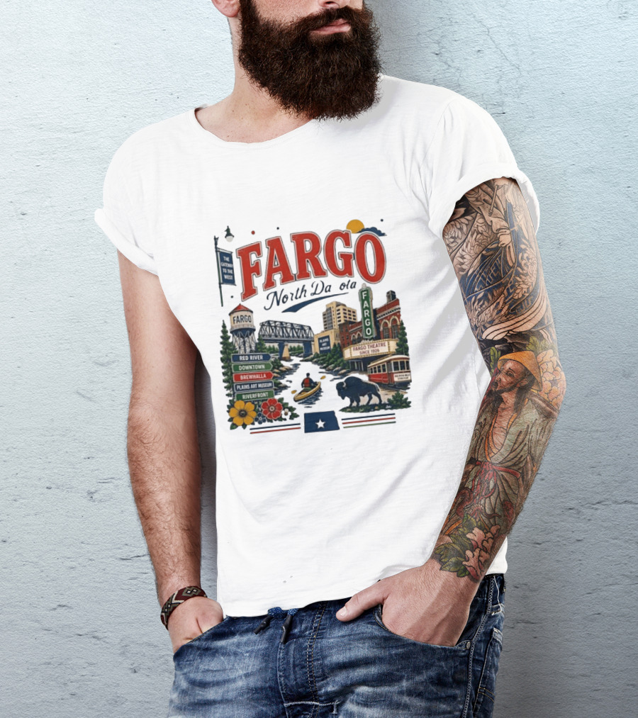 Fargo North Dakota Red River Downtown Brewhalla Plains Art Museum Riverfront Theatre T-Shirt