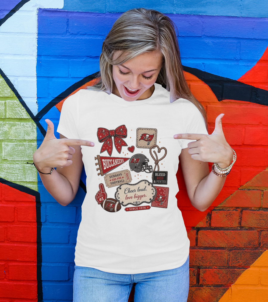 Tampa Bay Buccaneers Mom Red Floral Bow Cheer Loud Love Bigger Football Patch Collage T-Shirt
