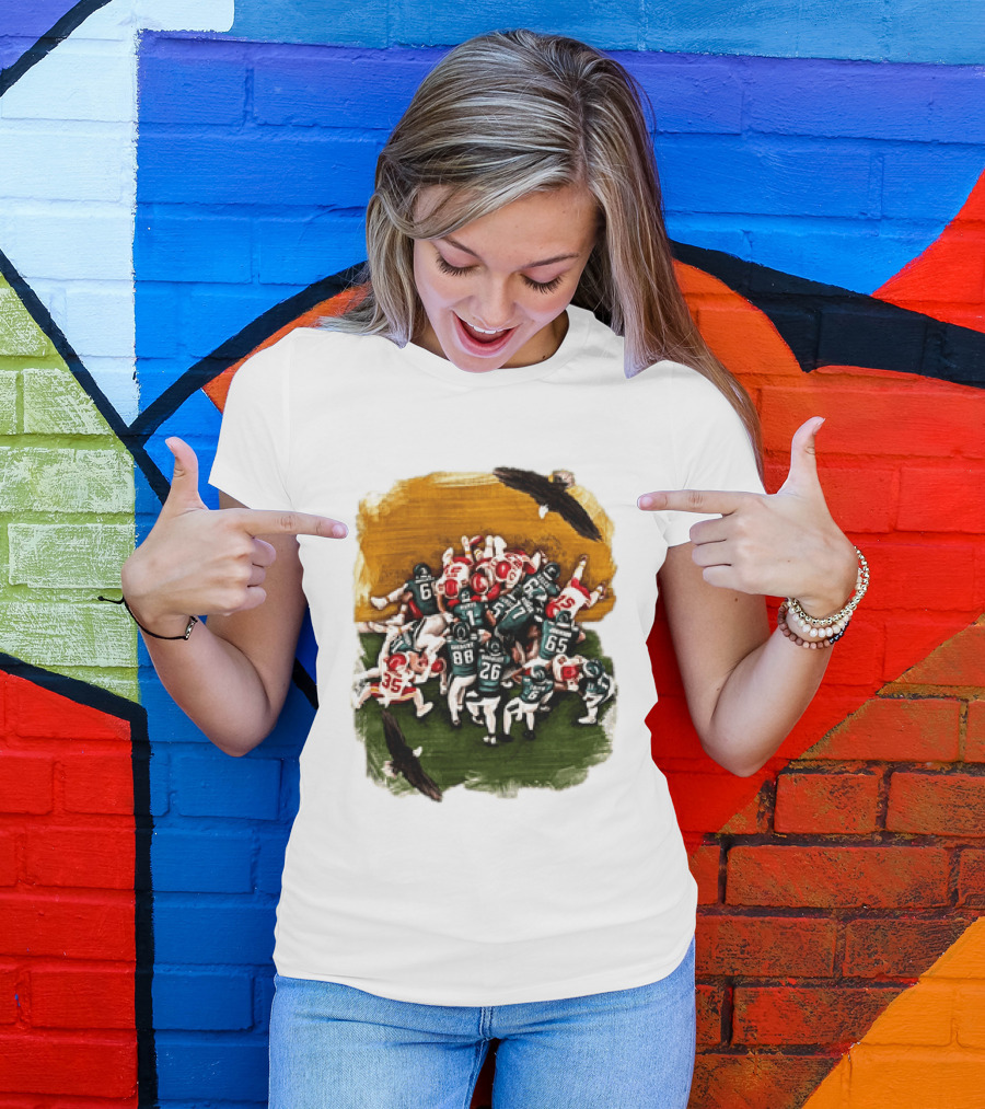 Philadelphia Eagles Tush Push Jalen Hurts Saquon Barkley Jason Kelce Action Play T-Shirt