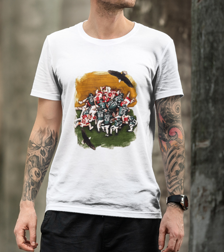 Philadelphia Eagles Tush Push Jalen Hurts Saquon Barkley Jason Kelce Action Play T-Shirt
