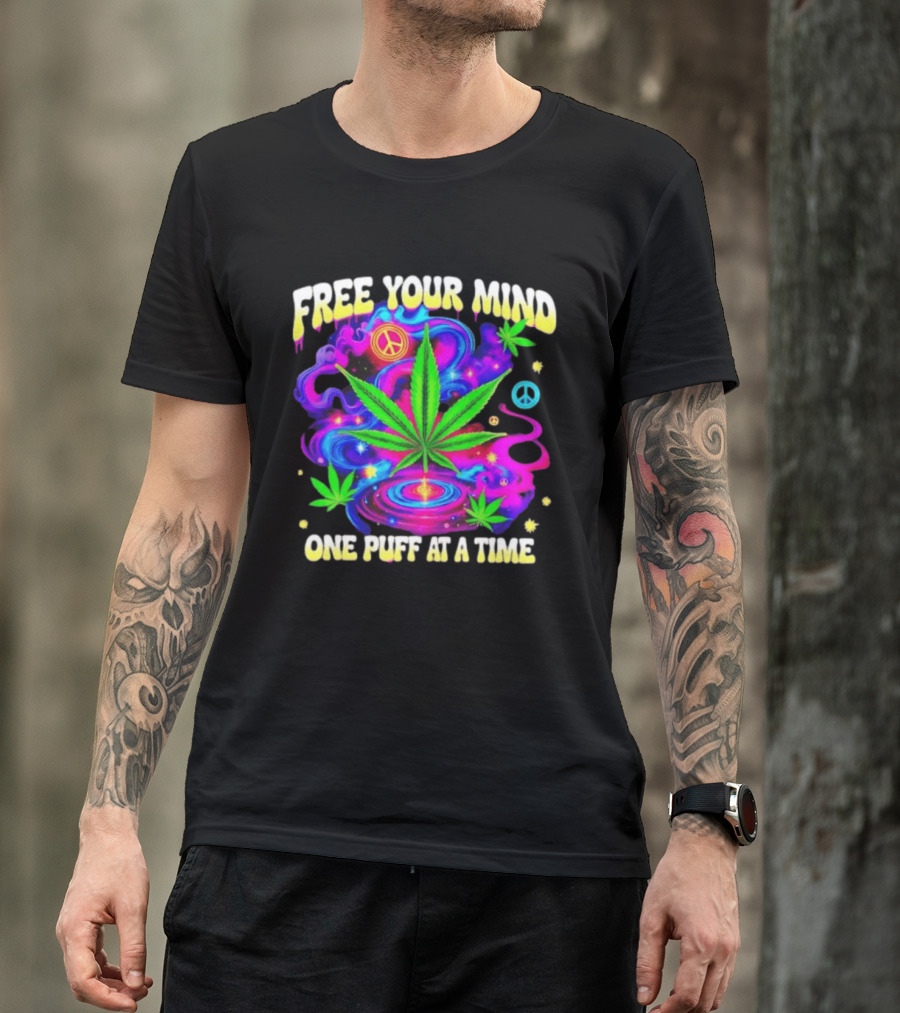 Psychedelic Cannabis Leaf Peace Sign Free Your Mind One Puff At A Time Trippy T-Shirt