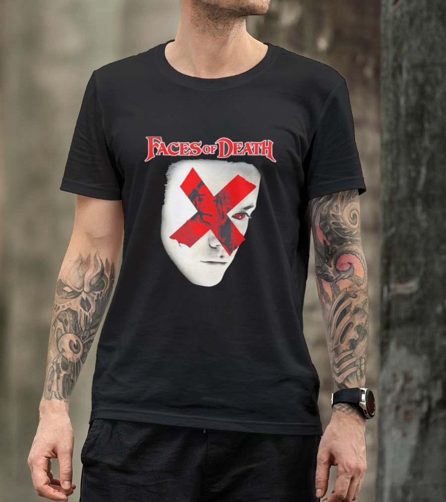 Faces Of Death Horror Movie Red X Iconic Scream Mask T-Shirt