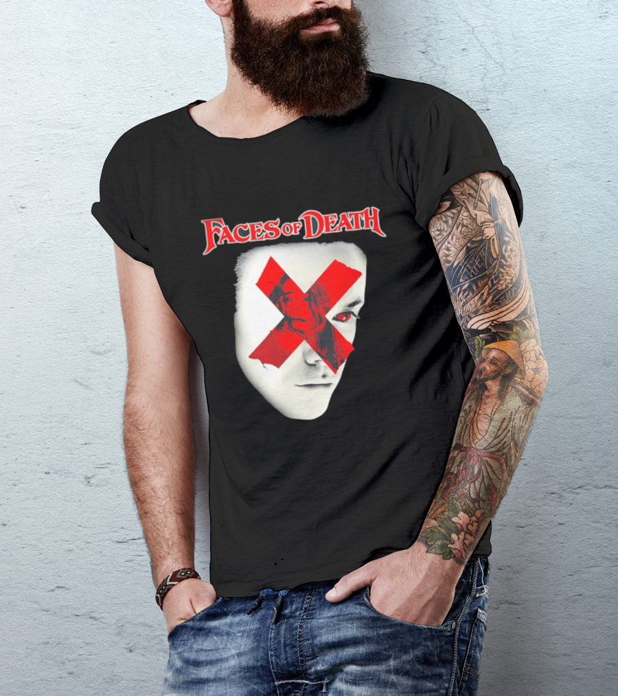 Faces Of Death Horror Movie Red X Iconic Scream Mask T-Shirt