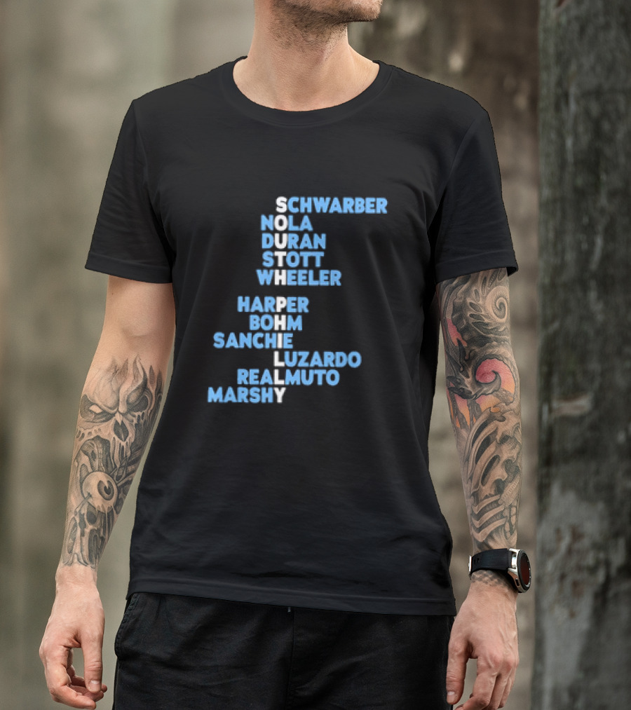 Philadelphia Phillies South Philly Baseball Player Names 2026 Schwaber Nola Duran Stott Wheeler Harper Bohm Sanchez Luzardo Realmuto Marsh T-Shirt