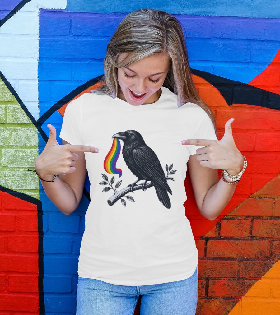Rainbow Raven Pride Bird Holding Colorful Ribbon On Branch T-Shirt