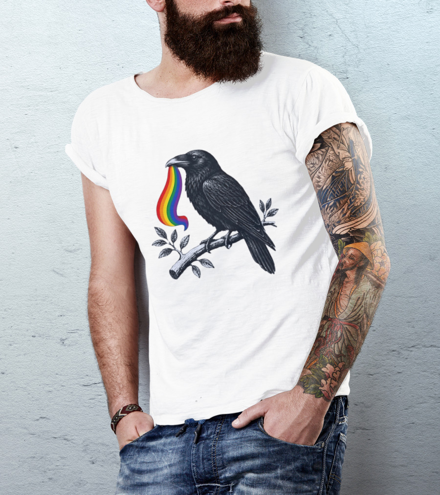 Rainbow Raven Pride Bird Holding Colorful Ribbon On Branch T-Shirt