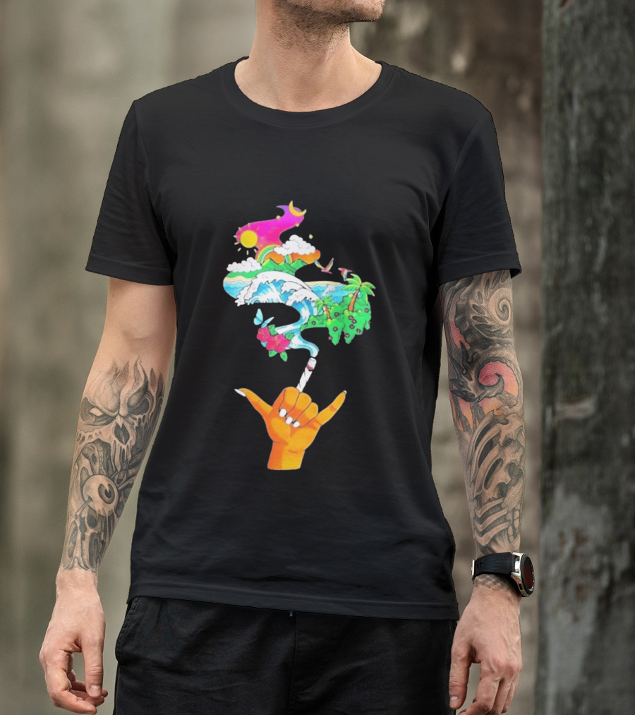 Shaka Hand Gesture With Tropical Island Wave And Colorful Clouds T-Shirt