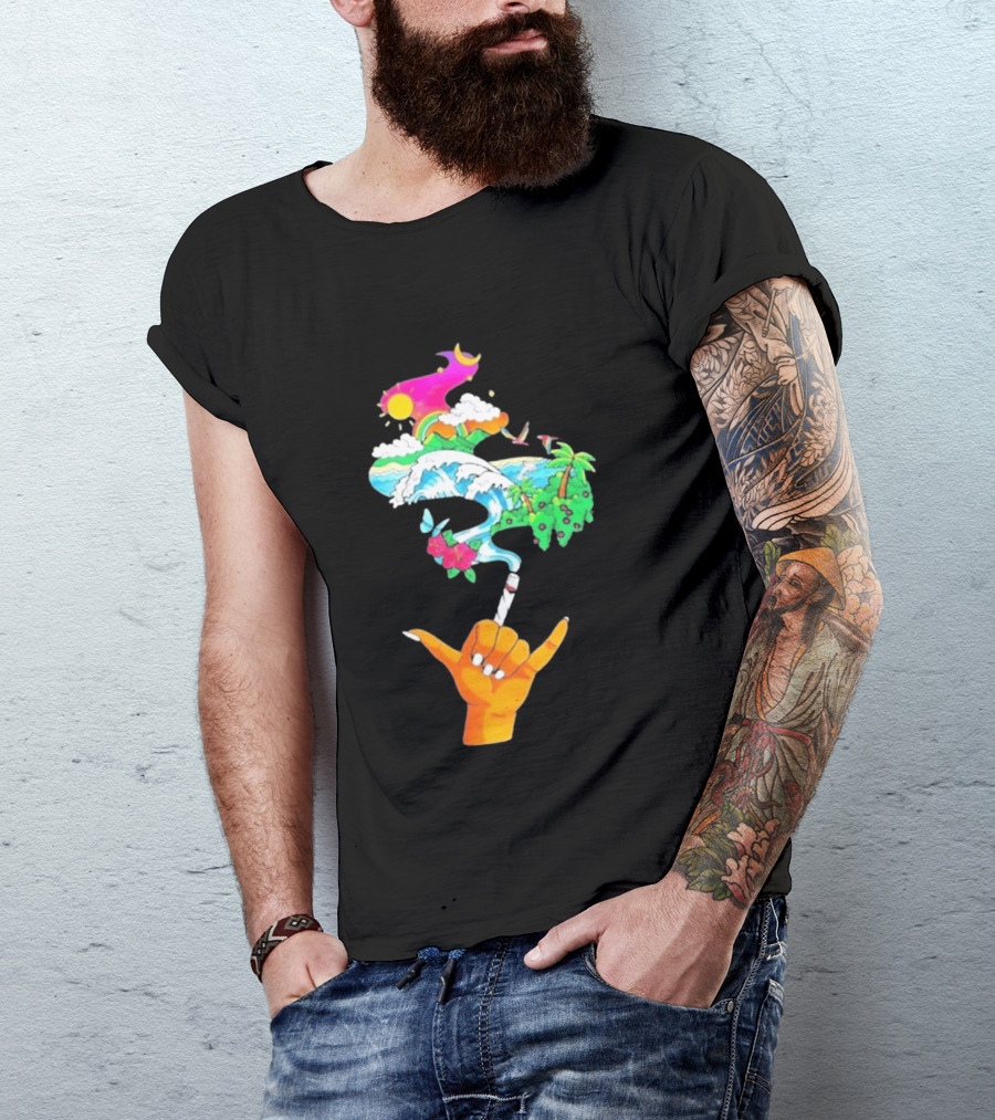 Shaka Hand Gesture With Tropical Island Wave And Colorful Clouds T-Shirt