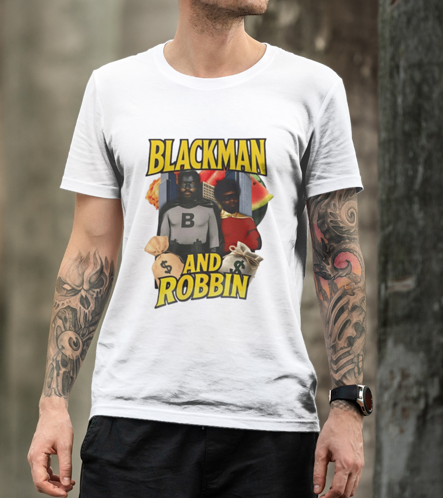 Blackman And Robbin Superhero Satire Comedy Money Bags Cityscape T-Shirt