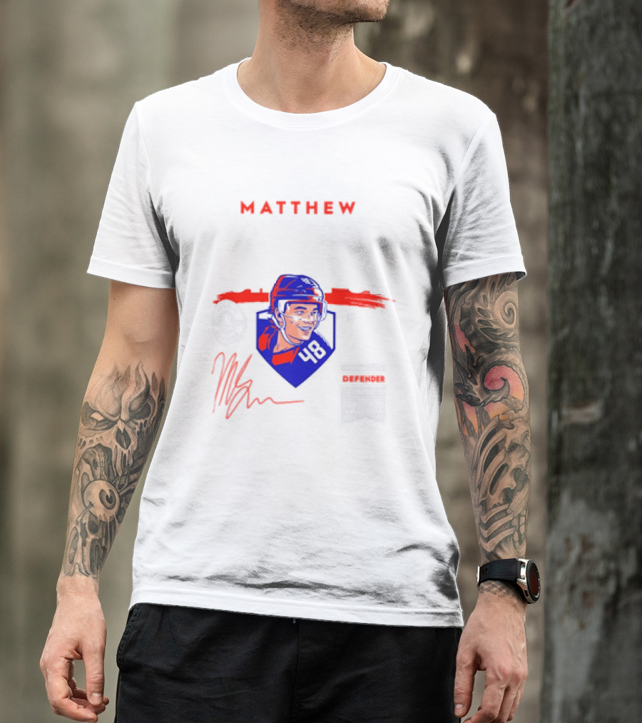 Matthew Schaefer New York Islanders 48 Spotlight Signature Helmets T-Shirt