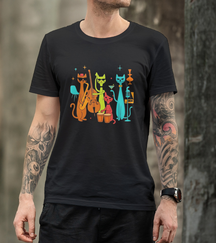 Jazz Cat Quartet Playing Instruments Bass Bongo Trumpet Martini T-Shirt