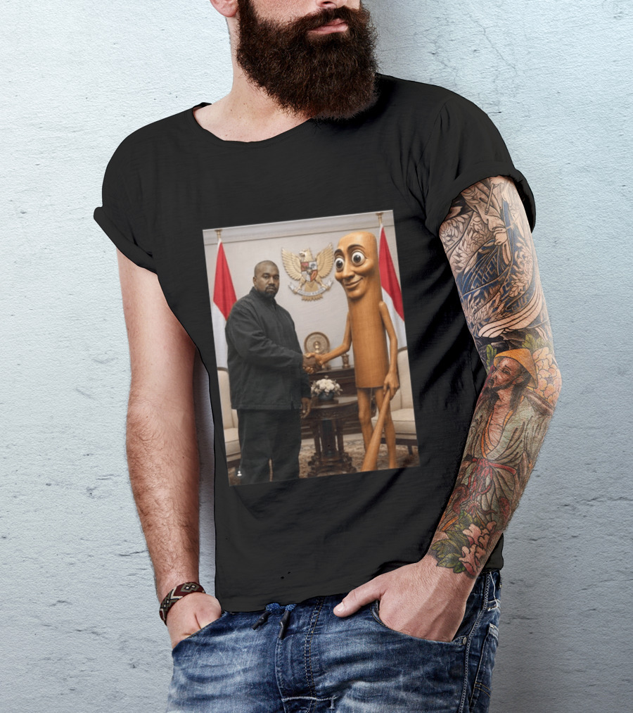 Kanye West And Indonesian Sahur Shaking Hand With Tung Tung Baton In Presidential Setting T-Shirt