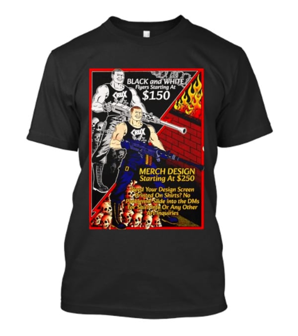 Crux Black And White Flyers And Merch Services Skulls And Flames Promo T-Shirt