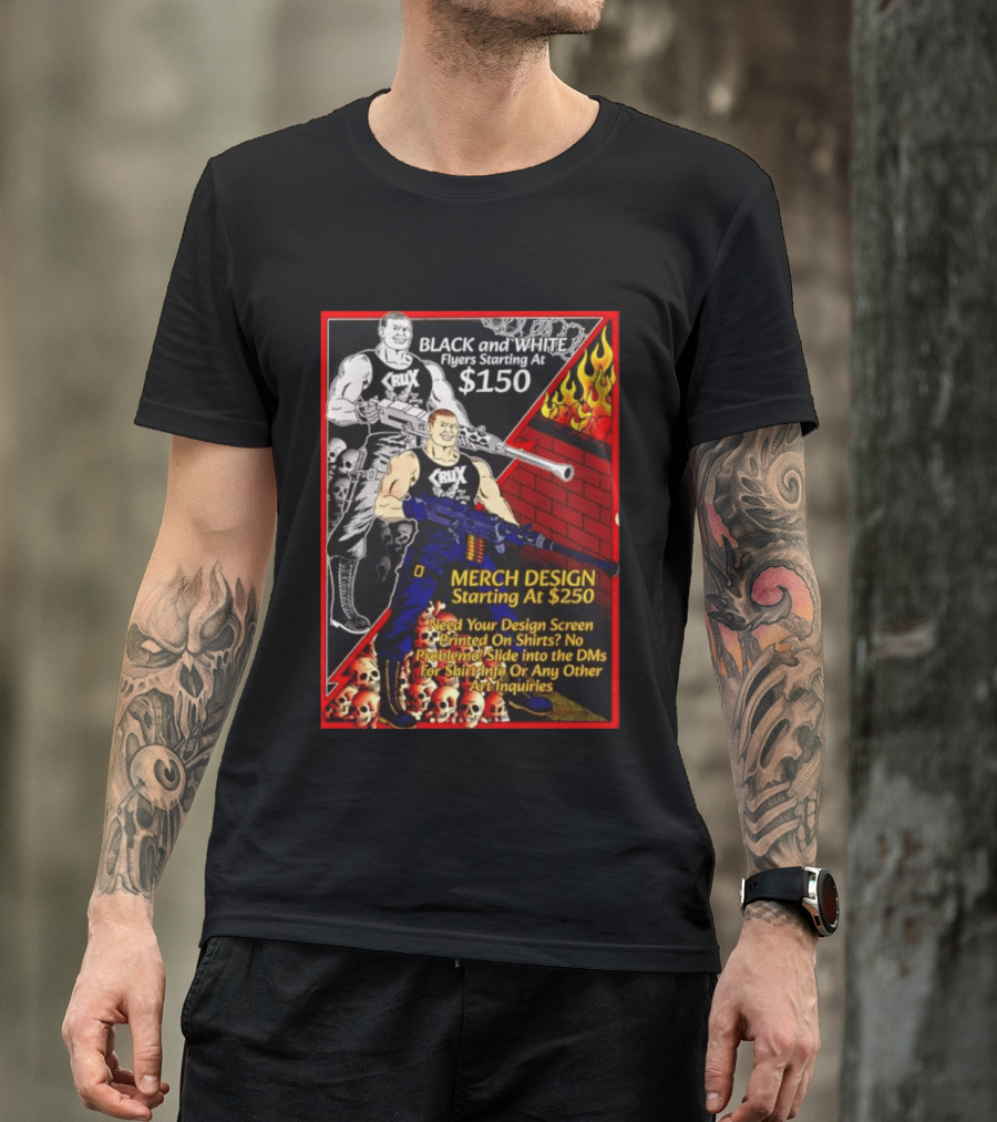 Crux Black And White Flyers And Merch Services Skulls And Flames Promo T-Shirt