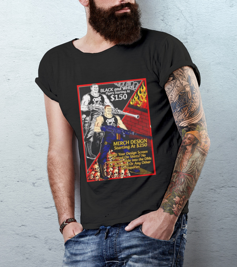 Crux Black And White Flyers And Merch Services Skulls And Flames Promo T-Shirt