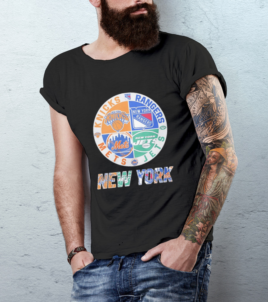 New York Knicks Rangers Mets Jets Fan Logos NY Sports Team Circle T-Shirt