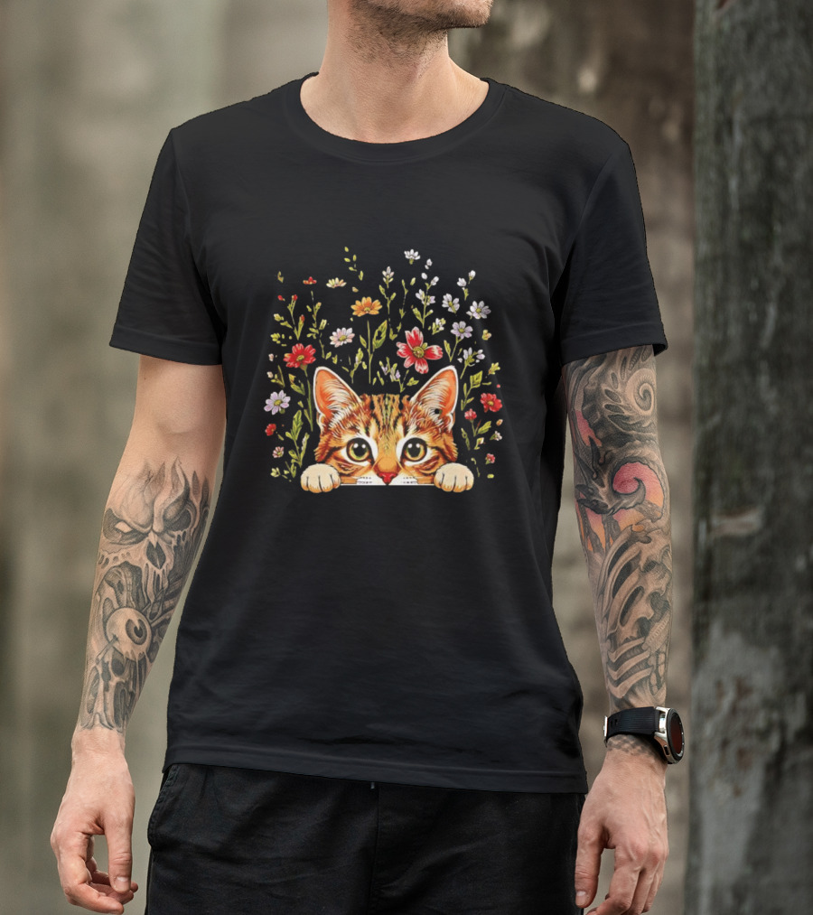 Tabby Kitten Head Through Wildflowers Florals T-Shirt