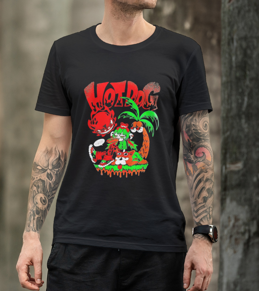 Hotdog Atsusugi Girl With Bear Hat And Dog Under Palm Tree T-Shirt