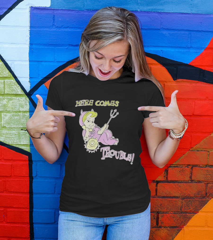 Here Comes Trouble Devil Baby With Pitchfork And Telephone T-Shirt