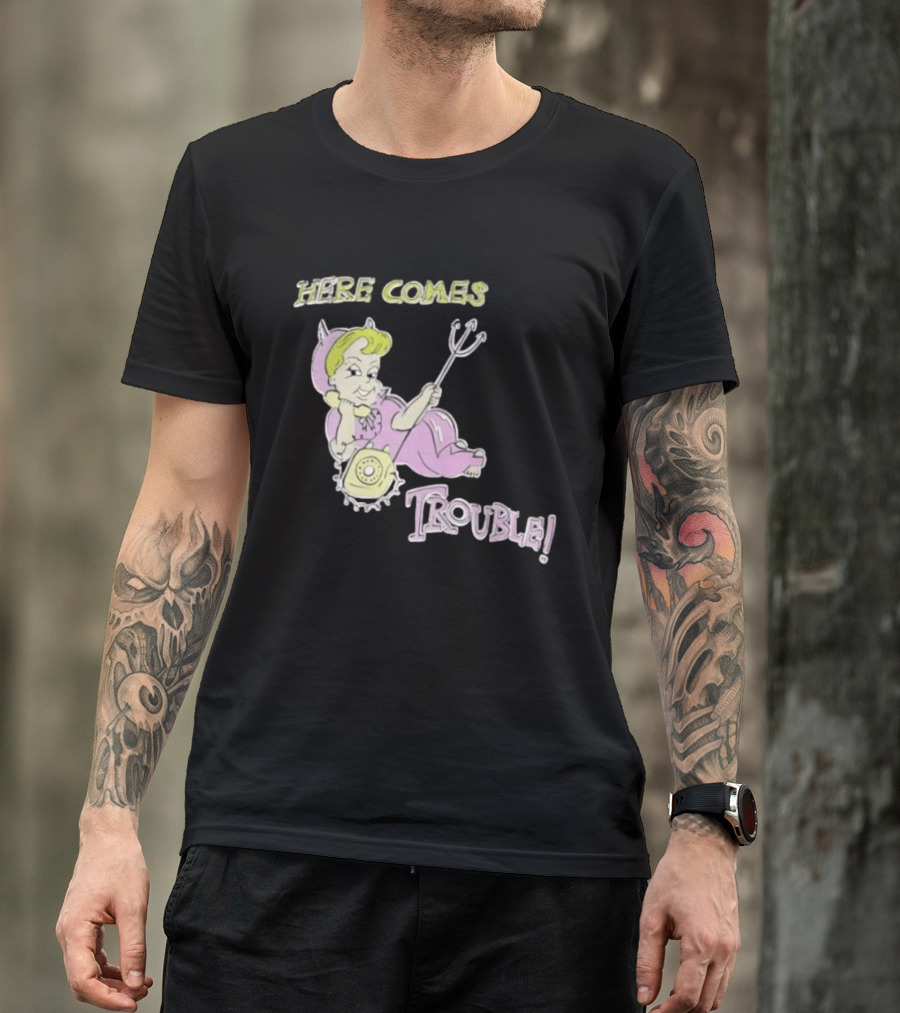 Here Comes Trouble Devil Baby With Pitchfork And Telephone T-Shirt