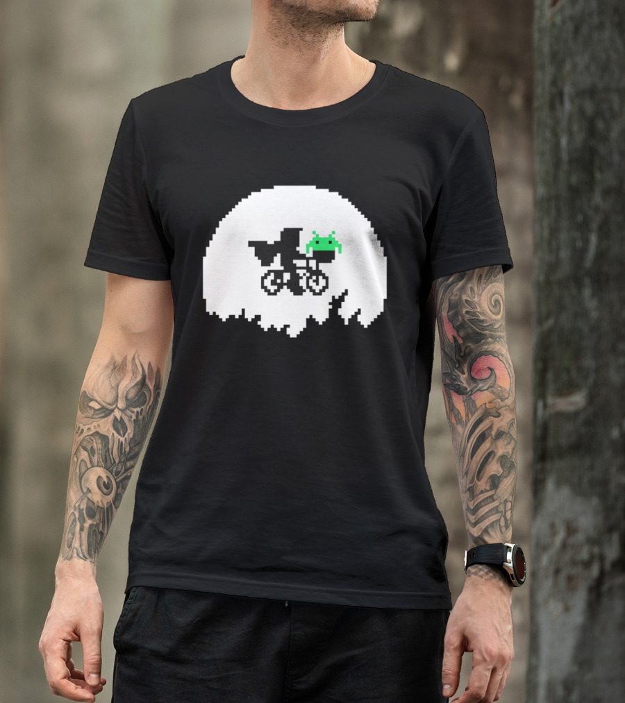 Elliott And Extra Terrestrial On Bicycle With Space Invader Pixel T-Shirt