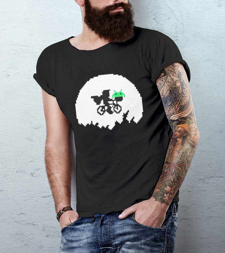 Elliott And Extra Terrestrial On Bicycle With Space Invader Pixel T-Shirt