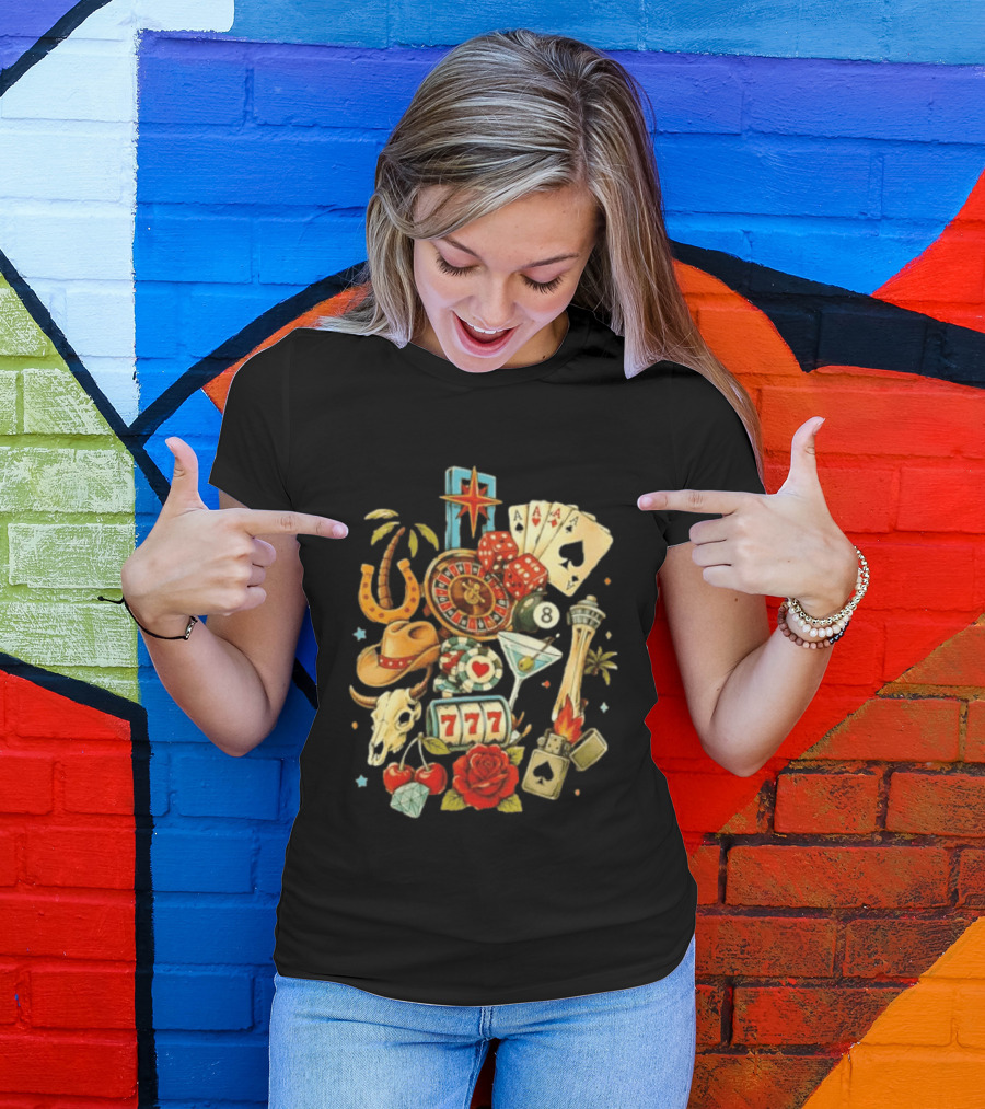 Las Vegas Casino Lucky Seven Poker Ace Of Spades Roulette Dice Palm Tree Horseshoe Rose Martini Skyscraper T-Shirt