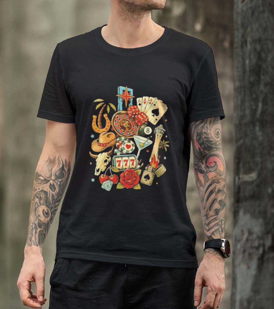 Las Vegas Casino Lucky Seven Poker Ace Of Spades Roulette Dice Palm Tree Horseshoe Rose Martini Skyscraper T-Shirt