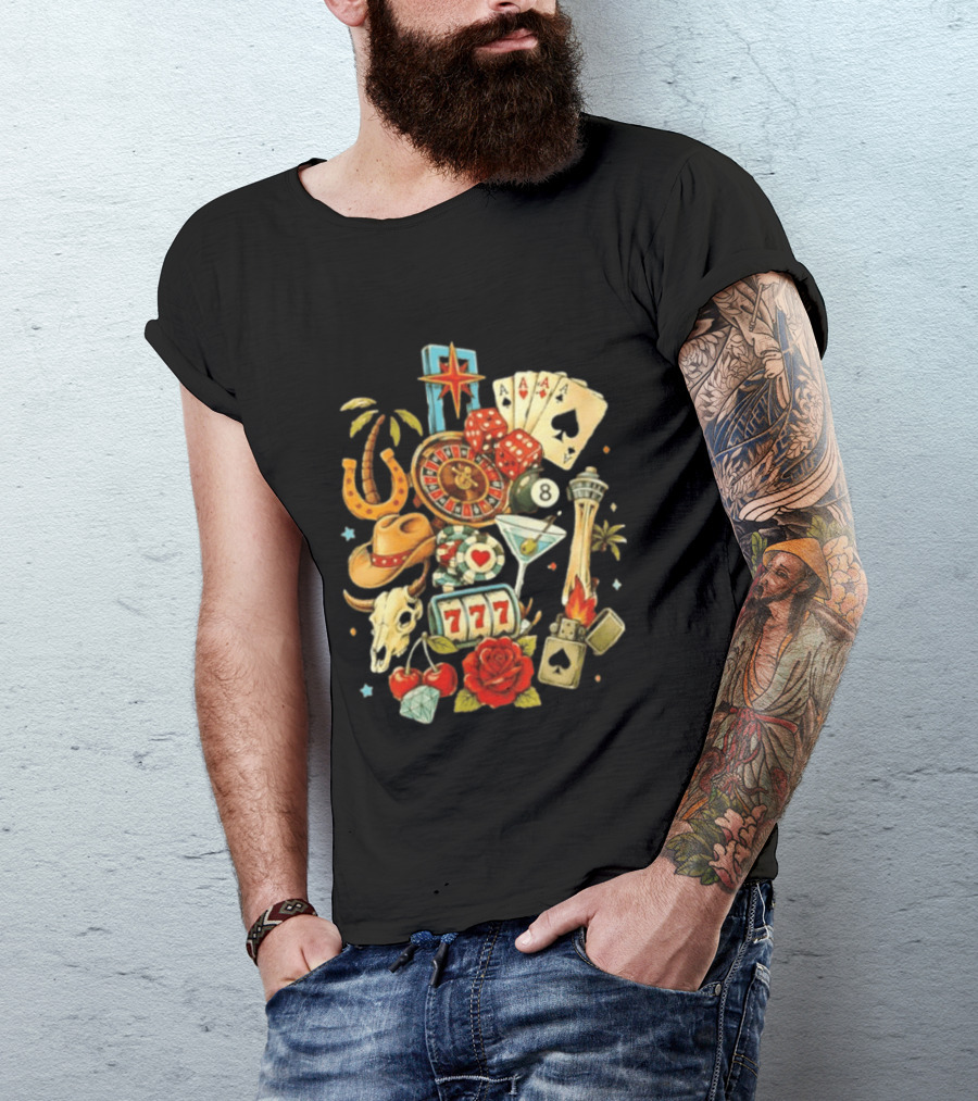 Las Vegas Casino Lucky Seven Poker Ace Of Spades Roulette Dice Palm Tree Horseshoe Rose Martini Skyscraper T-Shirt
