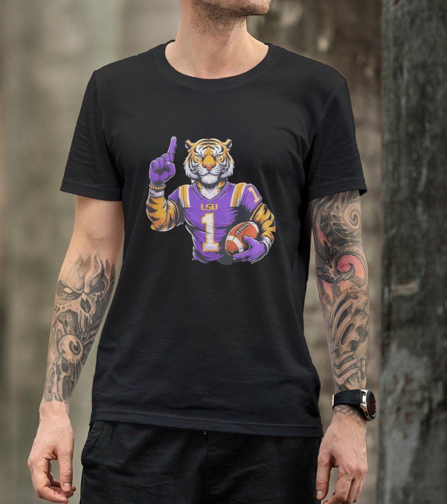 LSU Tiger Football Pointing Number 1 Holding Ball T-Shirt