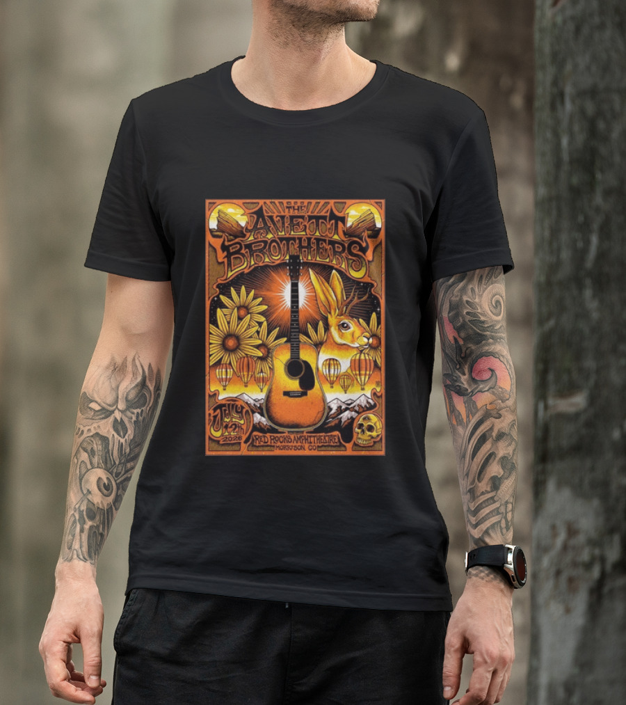 The Avett Brothers Red Rocks Amphitheatre July 12 2026 Morrison CO Guitar Sunflowers Rabbit T-Shirt