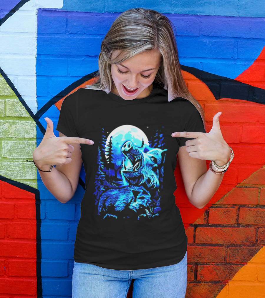 Wild Boar Howling At The Moon Under Mystical Forest Night Sky T-Shirt