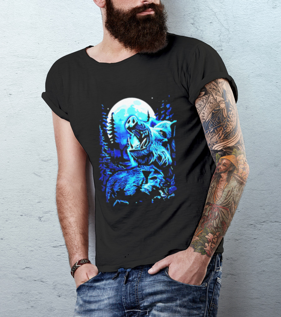 Wild Boar Howling At The Moon Under Mystical Forest Night Sky T-Shirt