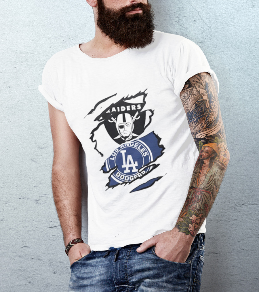 Raiders Los Angeles Dodgers Ripped Effect NFL MLB Crossover Fan Gear T-Shirt