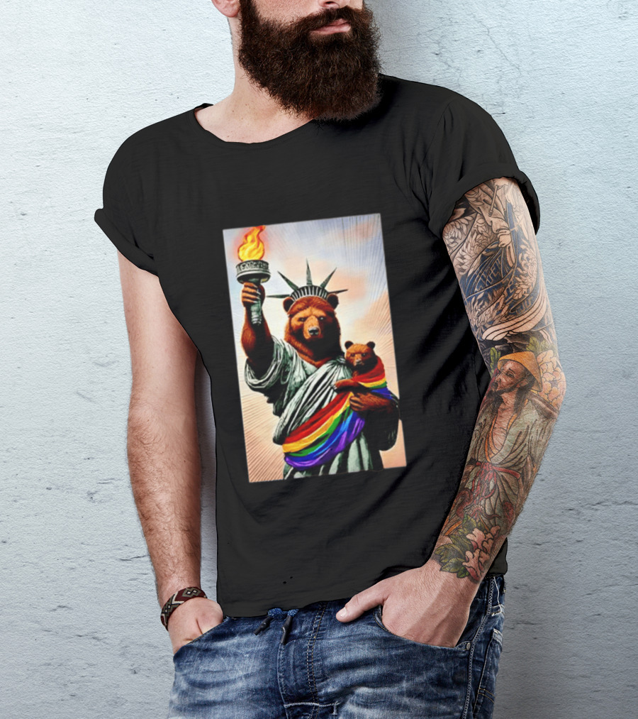 Bear Statues Liberty Rainbow Pride Torch T-Shirt