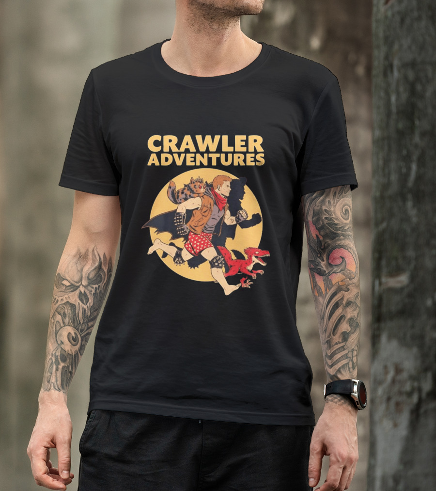 Crawler Adventures Running Man Cat Companion And Raptor T-Shirt
