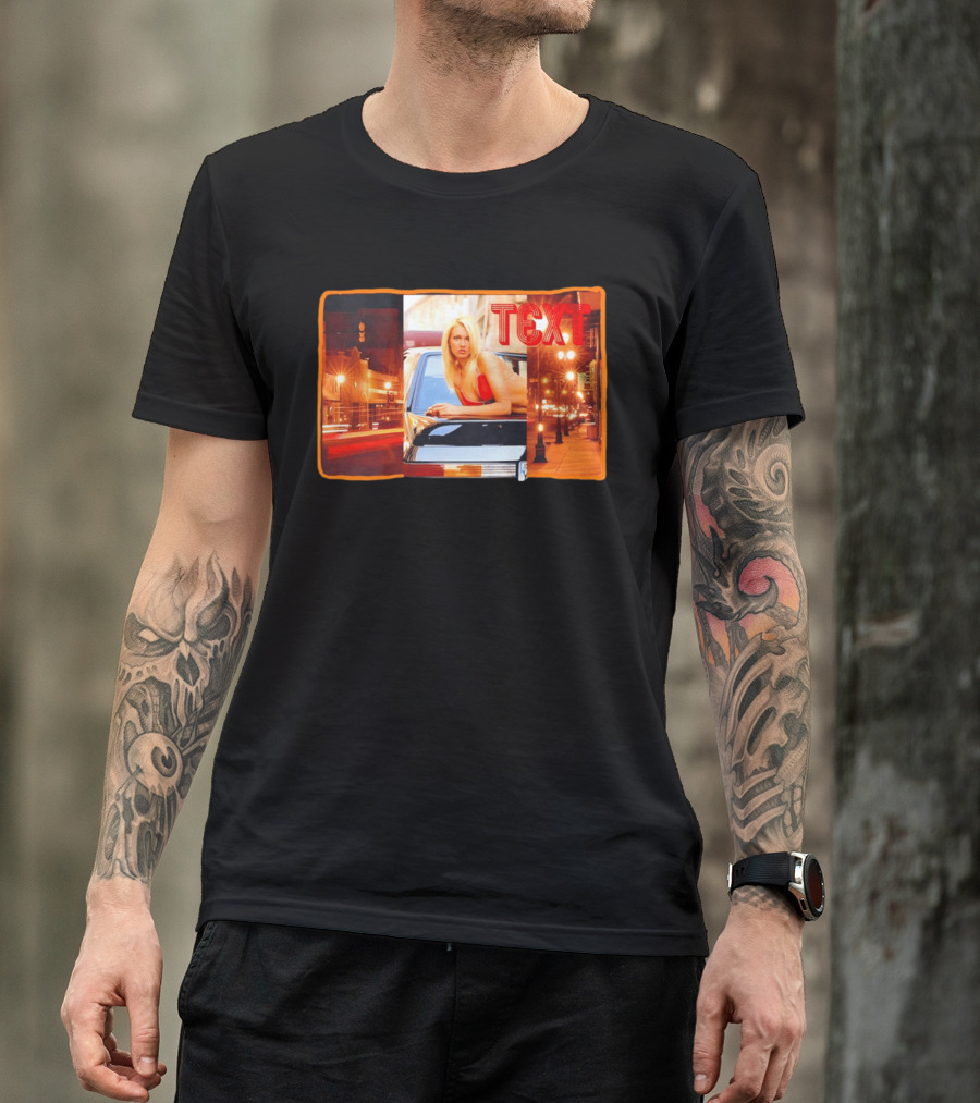 Blonde Woman In Red Bikini Leaning On Car At Night With Neon City Lights T-Shirt