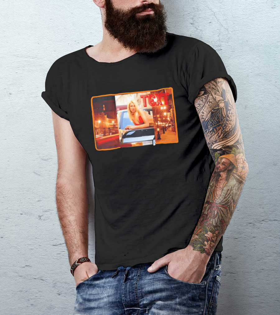 Blonde Woman In Red Bikini Leaning On Car At Night With Neon City Lights T-Shirt