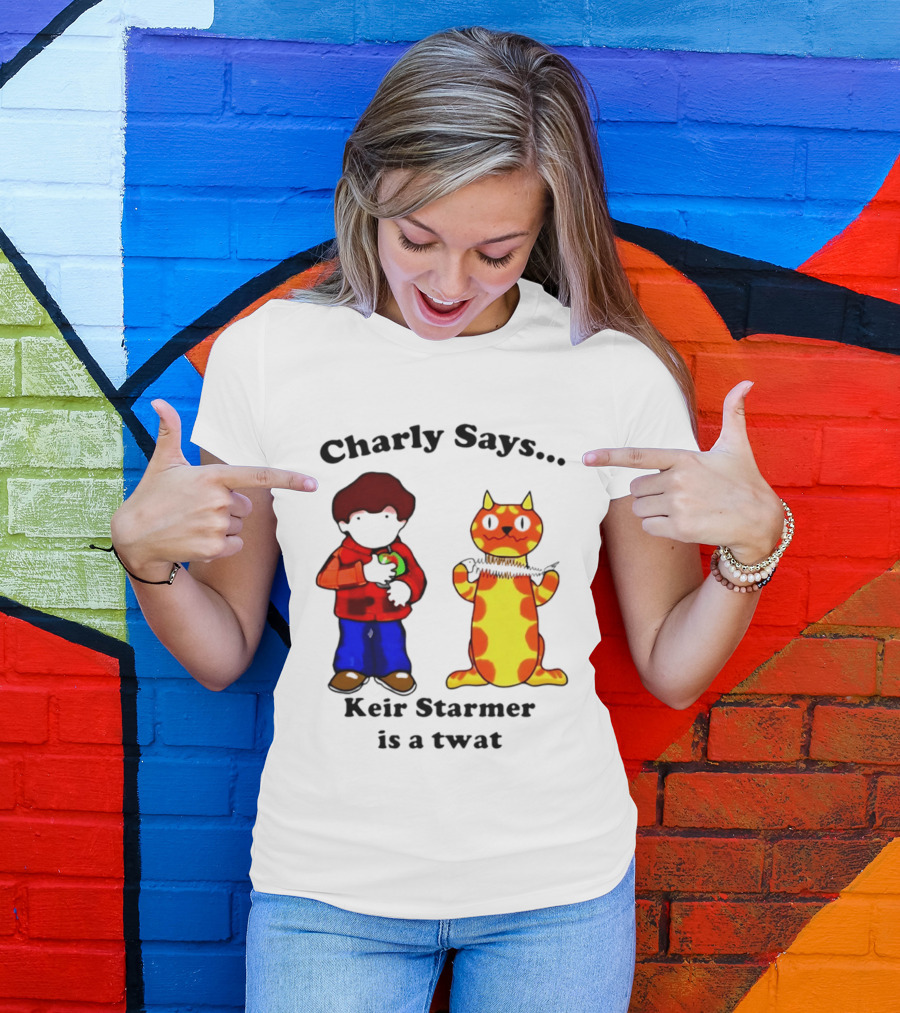 Charly Says Keir Starmer Is A Twat Comic Retro Style Cat And Kid T-Shirt