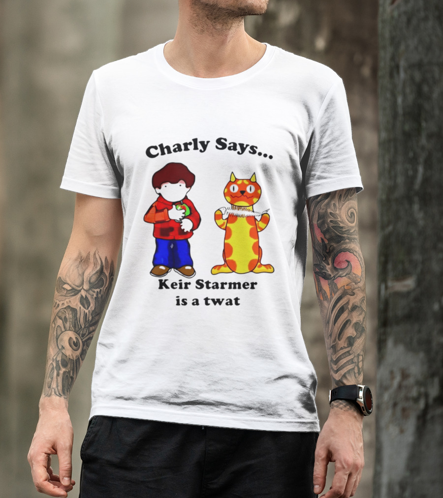Charly Says Keir Starmer Is A Twat Comic Retro Style Cat And Kid T-Shirt