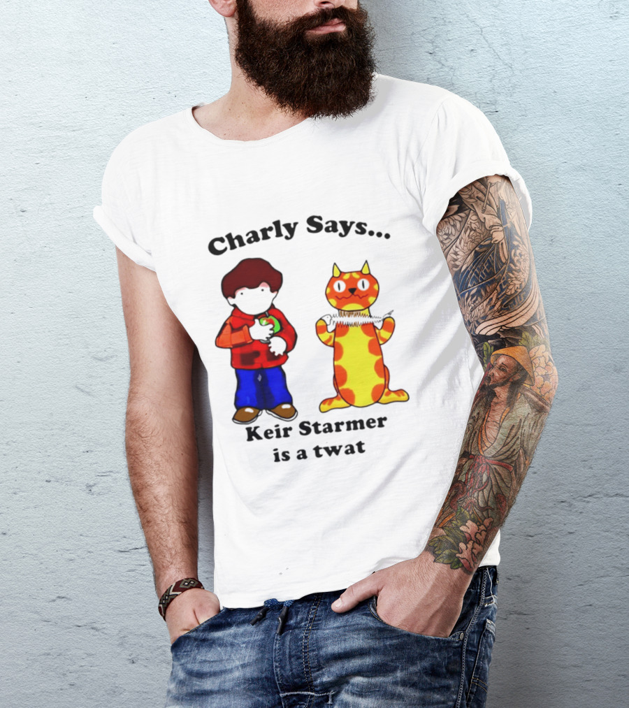 Charly Says Keir Starmer Is A Twat Comic Retro Style Cat And Kid T-Shirt