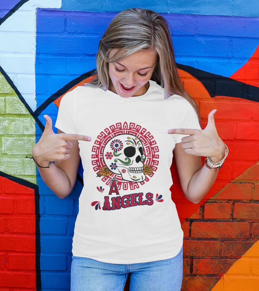 Los Angeles Angels Dia De Los Muertos Sugar Skull Aztec Calendar T-Shirt