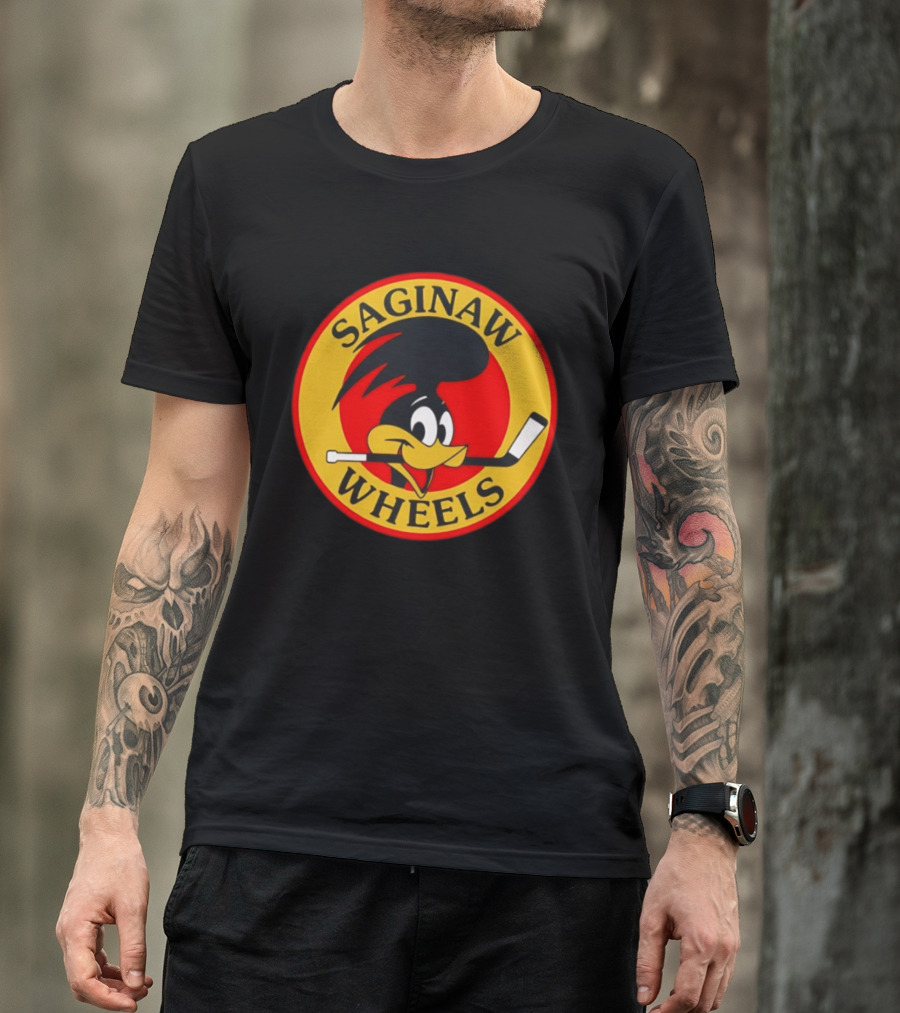 Saginaw Wheels Hockey Cartoon Character With Hockey Stick T-Shirt