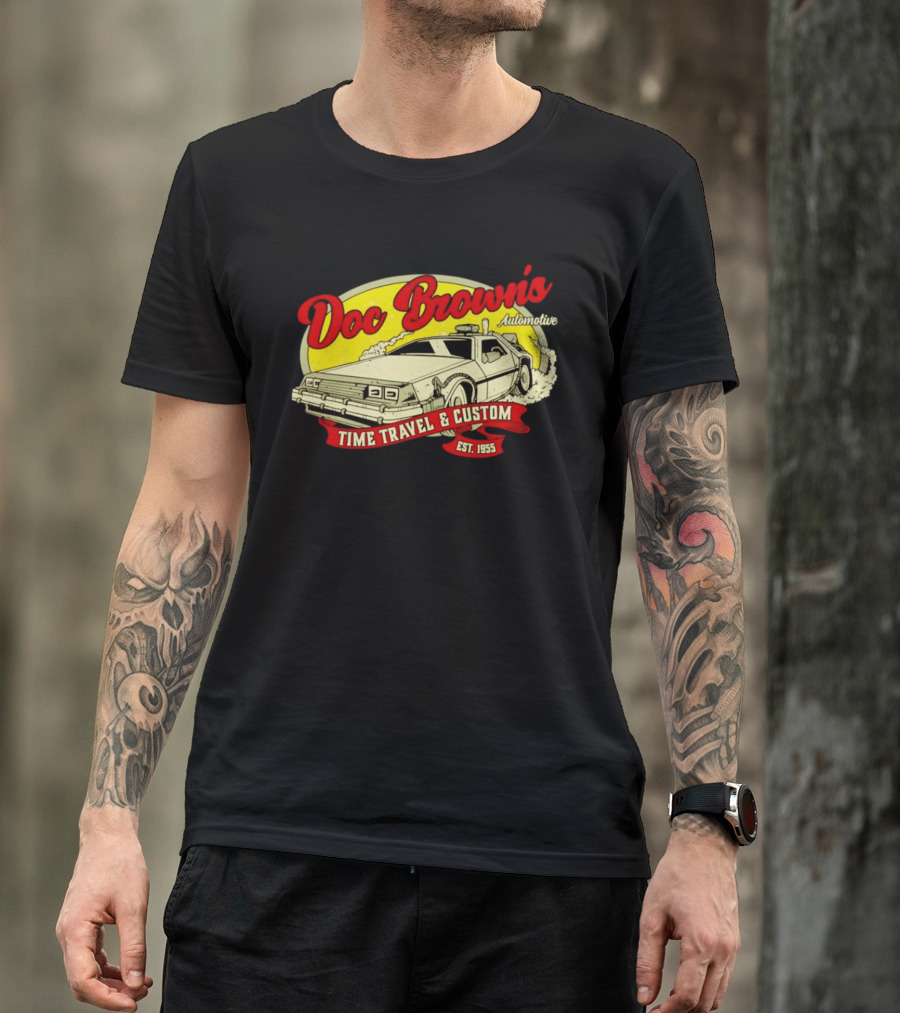 Doc Brown's Automotive Time Travel & Custom Est 1955 Classic DeLorean T-Shirt